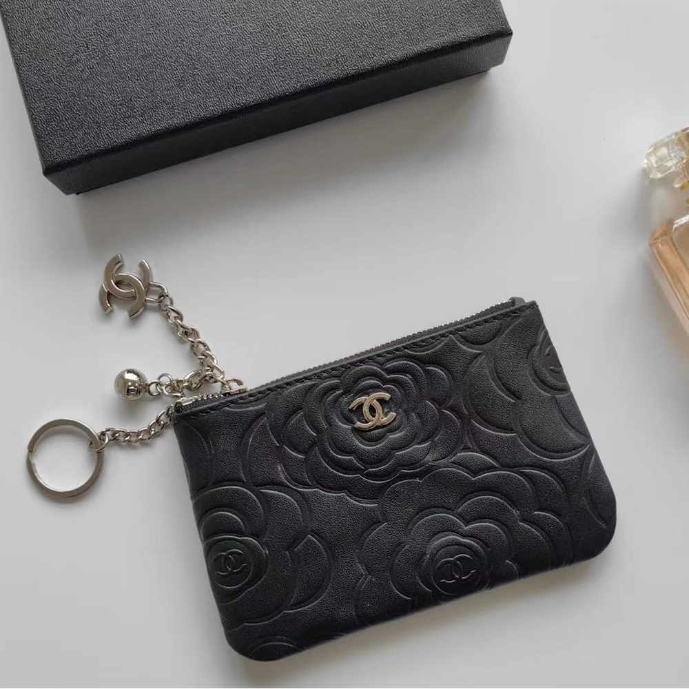 Chanel Black Camellia Embossed Zip Coin Pouch Keychain CC Charm